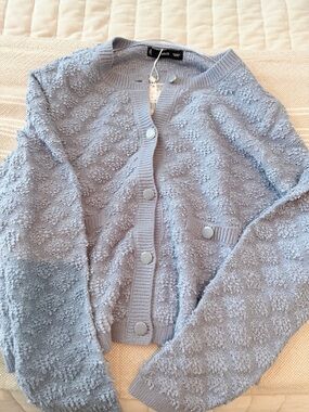 Mango Light Blue Textured Button-Front Cardigan